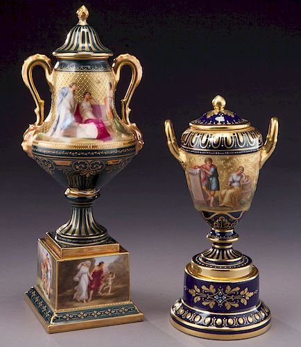 (2) Royal Vienna cobalt urns,