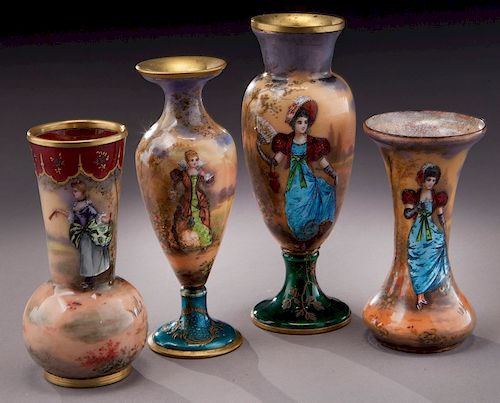 (4) French enamel on copper vases