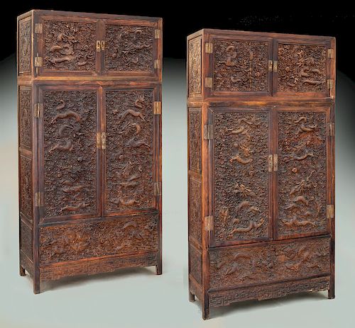 Pr. Chinese carved rosewood compound cabinets,