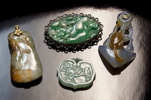 (4) Pcs. Chinese Qing carved jadeite pendants,