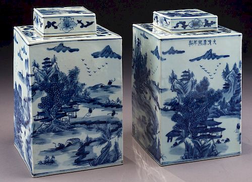 Pr. Chinese blue & white porcelain tea caddies