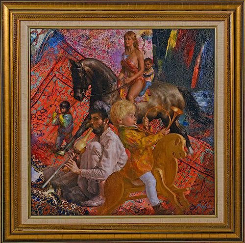 Maurizio Mago (20th C. Italian) oil on canvas child on a hobby horse