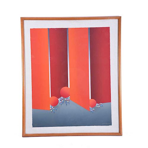 Kurt Larisch, Ambiente rojo. Serigrafía sobre papel algodón, P/A Firmada. Enmarcada. 71 X 58 cm