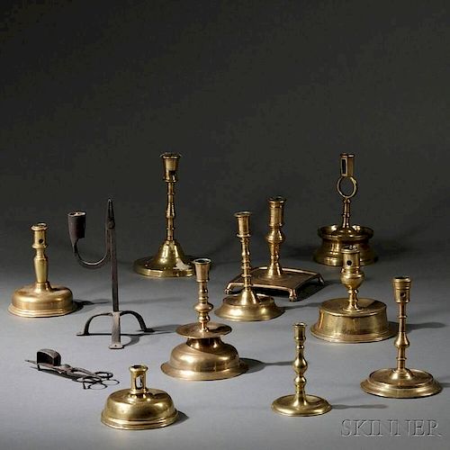 Eleven Early Brass Candlesticks and Wrought Iron Rush Light and Candle Snuffer