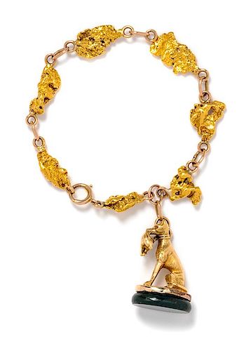 A Yellow Gold Nugget Link and Bloodstone Hunting Motif Fob Charm Bracelet, 19.30 dwts.