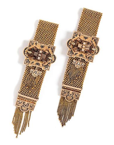 A Pair of Etruscan Revival Yellow Gold, Seed Pearl and Enamel Slide Tassel Bracelets, 92.30 dwts.
