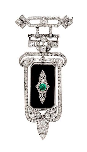 An Art Deco Platinum, Diamond, Onyx and Emerald Lapel Watch, Elaine, 18.00 dwts.