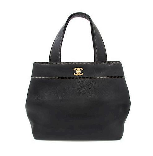 A Chanel Black Leather Tote, 11 x 9 1/2 x 5 inches.