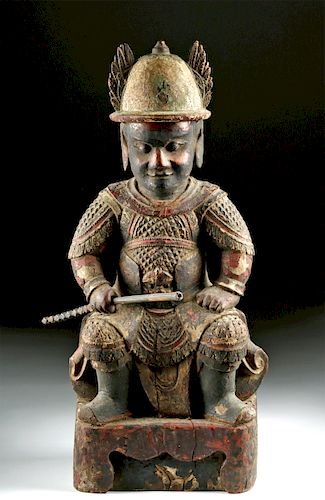 18th C. Chinese Lacquered Wood Seated Guardian Figure