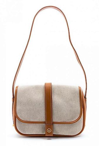* An Hermes Canvas and Brown Leather Trim Shoulder Bag, 11 x 8 x 3 inches.