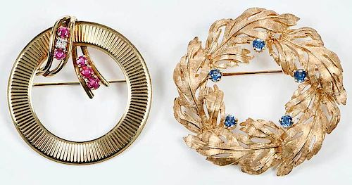 Two Retro 14kt. Gold & Gemstone Brooches