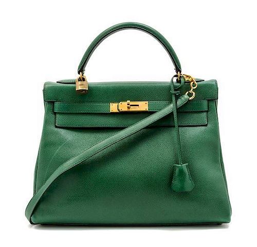 * An Hermes 32cm Green Leather Kelly Bag, 12 1/2 x 9 x 4 1/2 inches.