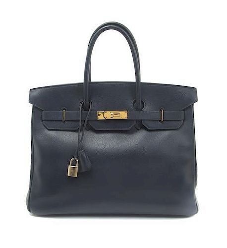 An Hermes 35cm Indigo Leather Birkin Bag, 14 x 10 x 7 inches.