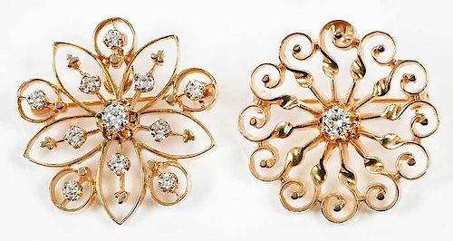 Two 14kt. Gold & Diamond Brooches