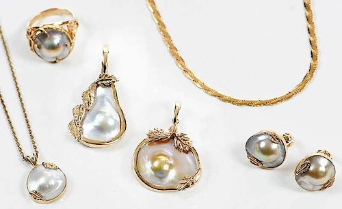 Five Pieces 14kt. Gold Blister Pearl Jewelry