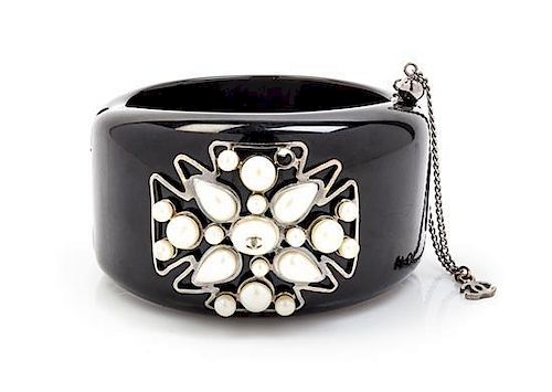 A Chanel Black Resin and Faux Pearl Maltese Cross Hinged Bangle Bracelet,