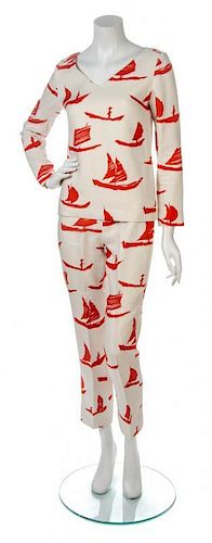 * A B. H. Wraggage Ivory and Red Sailboat Pant Ensemble,