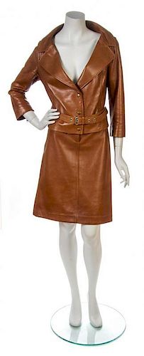 A Celine Cognac Leather Skirt Suit, Size 40.