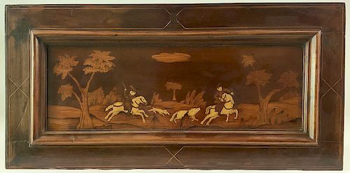 A BEAUTIFUL INLAID 18TH C. WOOD SPORTING PLAQUE