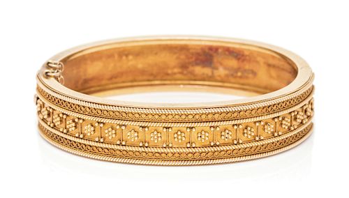 An Etruscan Revival Yellow Gold Bangle Bracelet, 14.00 dwts.