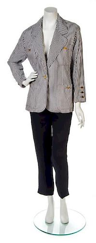 * A Chanel White and Gray Cotton Striped Jacket, Jacket size 36, pants size 42.
