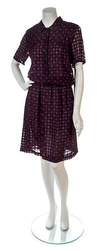 * A Chanel Bordeaux Polka Print Sheer Silk Chiffon Shirt Dress, Size 44.