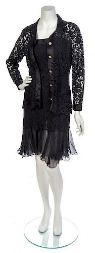 * A Chanel Black Cotton Lace Cocktail Dress Ensemble, Jacket size 40, dress size 40.