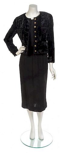 * A Chanel Black Crushed Velvet Jacket and Wool Crepe Dress Ensemble, Jacket size 42, dress size 38.