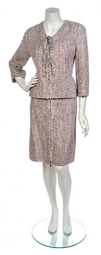 * A Chanel Pink and Grey Cotton Tweed Skirt Suit, Jacket size 44, skirt size 44.