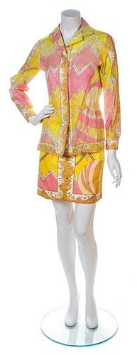 * An Emilio Pucci Pink and Yellow Print Cotton Skirt Ensemble, Shirt size 10, skirt size 8.