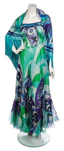 An Emilio Pucci Multicolor Chiffon Print Gown and Shawl, Size 8.