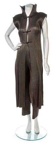 * An Issey Miyake Taupe Pleated Pant Ensemble, Tunic size M, pant size S.