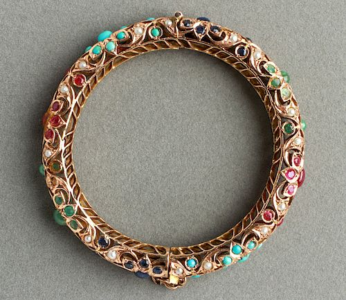 14K Gold Rubies Sapphires Emeralds Bangle Bracelet