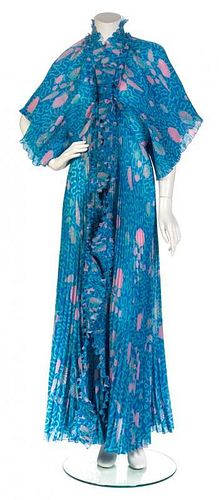* A Zandra Rhodes Blue and Pink Print Pleated Dress, Size A.