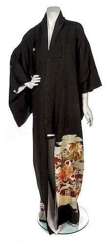 A Black and Sage Silk Kimono,