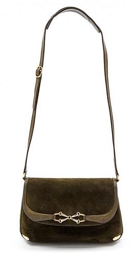 A Gucci Green Suede and Leather Trim Convertible Bag, 9 1/2 x 6 x 3 inches.