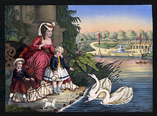 Central Park, New York. Feeding the Swans - Lithograph