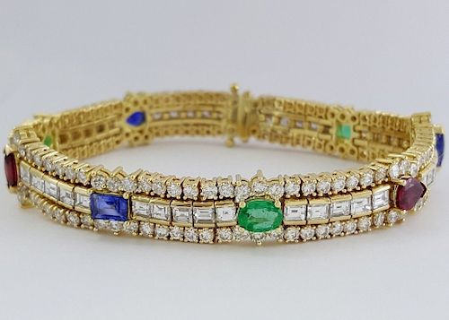 18K  Blue Sapphires Emarald Rudy & Diamond Bracelet