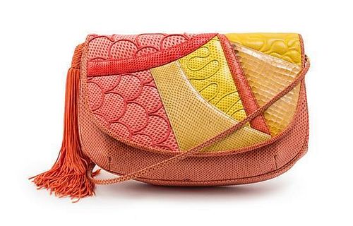 A Judith Leiber Coral and Marigold Exotic Skin Patchwork Bag, 8 1/2 x 6 x 1 1/2 inches.
