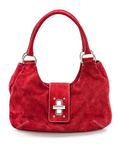 * A Prada Red Suede Shoulder Bag, 11 1/2 x 8 x 3 inches.