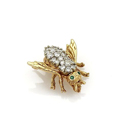 Vintage Diamonds & Emerald 14k Yellow Gold Bee Brooch