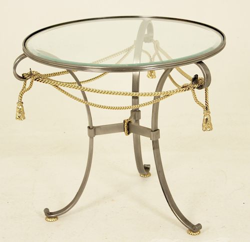 GLASS TOP POLISH STELL AND BRASS TRIPOD TABLE