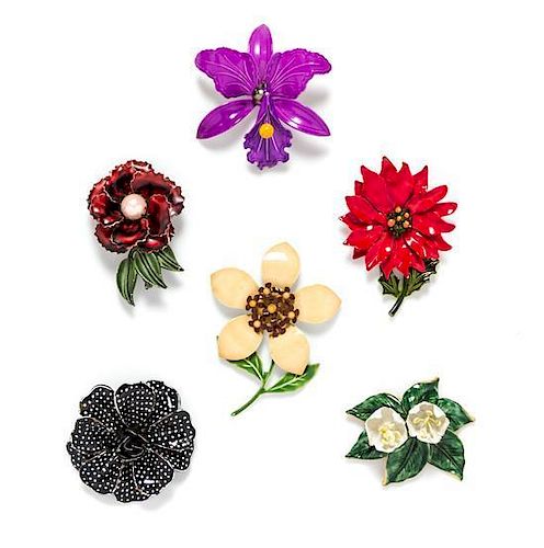 * A Group of Six Vintage Enamel Floral Brooches,