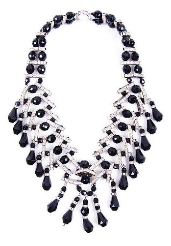 * A Vintage Jet Black and Clear Rhinestone Beaded Fringe Necklace.