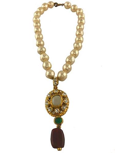 Chanel Vintage Pearl Stone Medallion Necklace