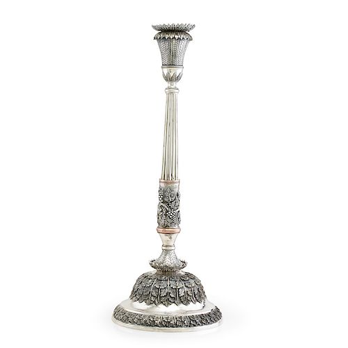 LARGE TURKISH SILVER & COPPER CANDLESTICK