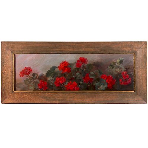 A fine oil on canvas painting of geraniums.