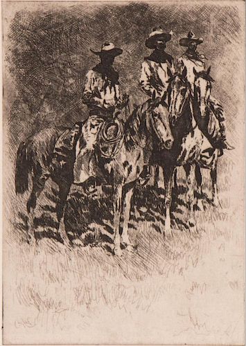 Etching of three horsemen, Edward Borein (1873-1945)