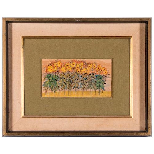 A watercolor of sunflowers.