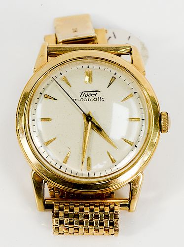 Tissot Automatic 14 karat gold mens wristwatch with 14 karat gold mesh band.  33.4mm, 52.5 grams total weight